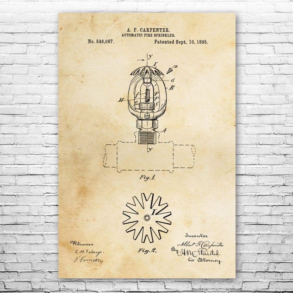 Automatic Fire Sprinkler Poster Print, Fire Prevention, Safety Inspector, Sprinkler System, Firefighting, Firehouse Vintage Paper (13 inch x 19 inch)