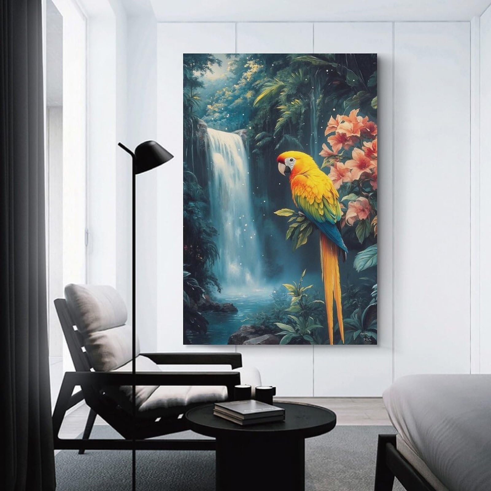 Junmoney Unframe-Style-8 Hanging Wall Art Parrot In Tropical Waterfall Paradise, 16X24inch(40X60cm), For Entryway, Lounge Links Or Small Walls, A Neat Decor Update For Hallways