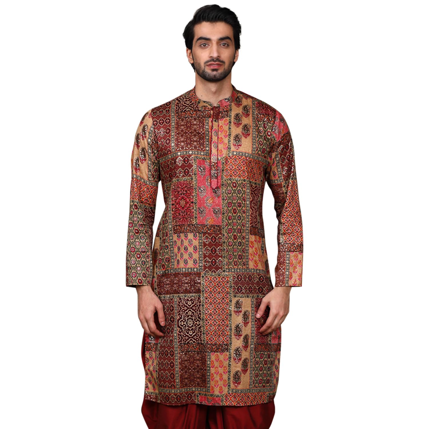 Kisah Men Maroon Kurta, Cotton, Full Sleaves, Knee Length, Straight, Regular Fit, Mandarin Collar Ethnic Wear-40