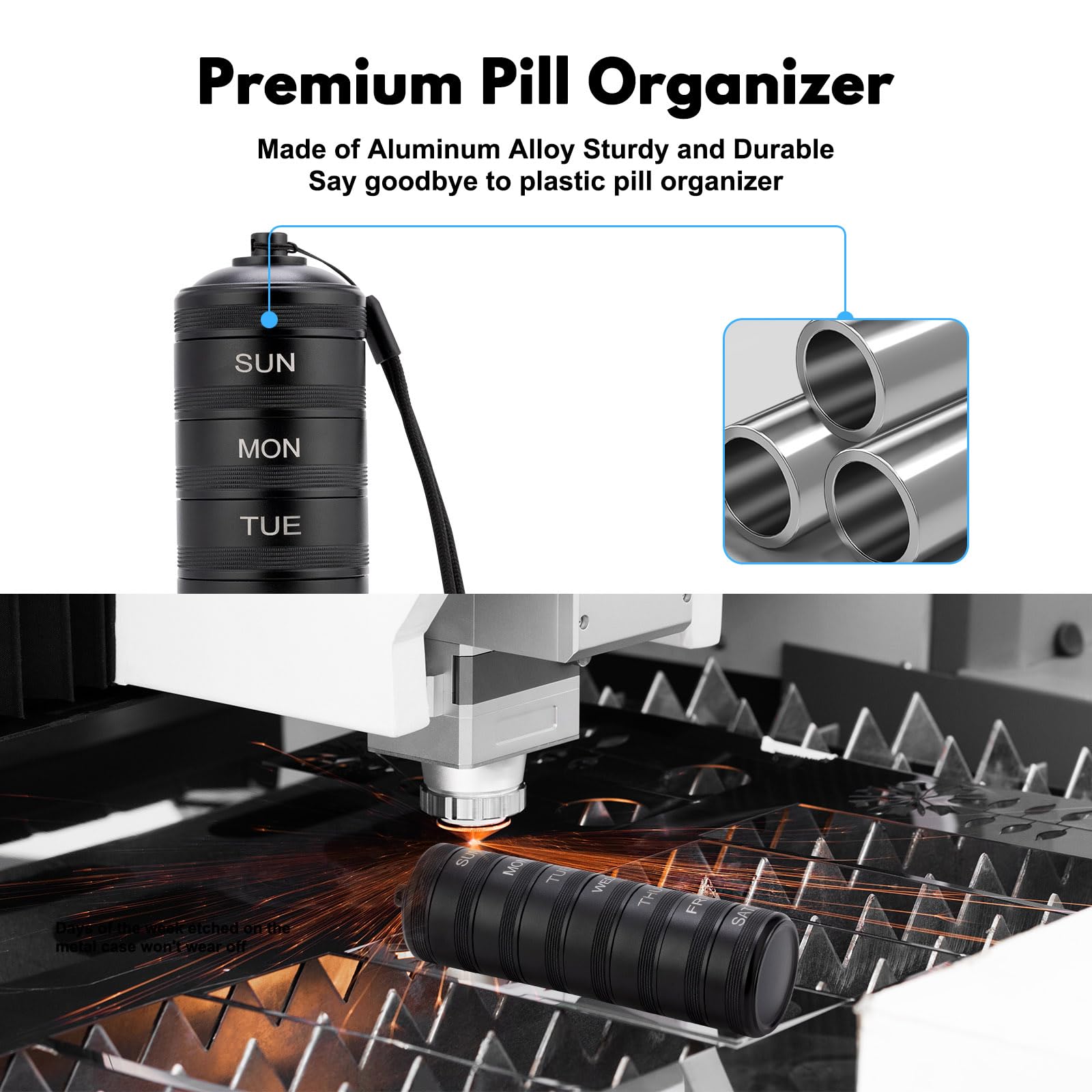Pastillero de viaje de metal semanal – Pastillero de aleación de aluminio impermeable para 7 días, compartimentos grandes para vitaminas, medicamentos, suplementos y aceite de pescado, pastillero