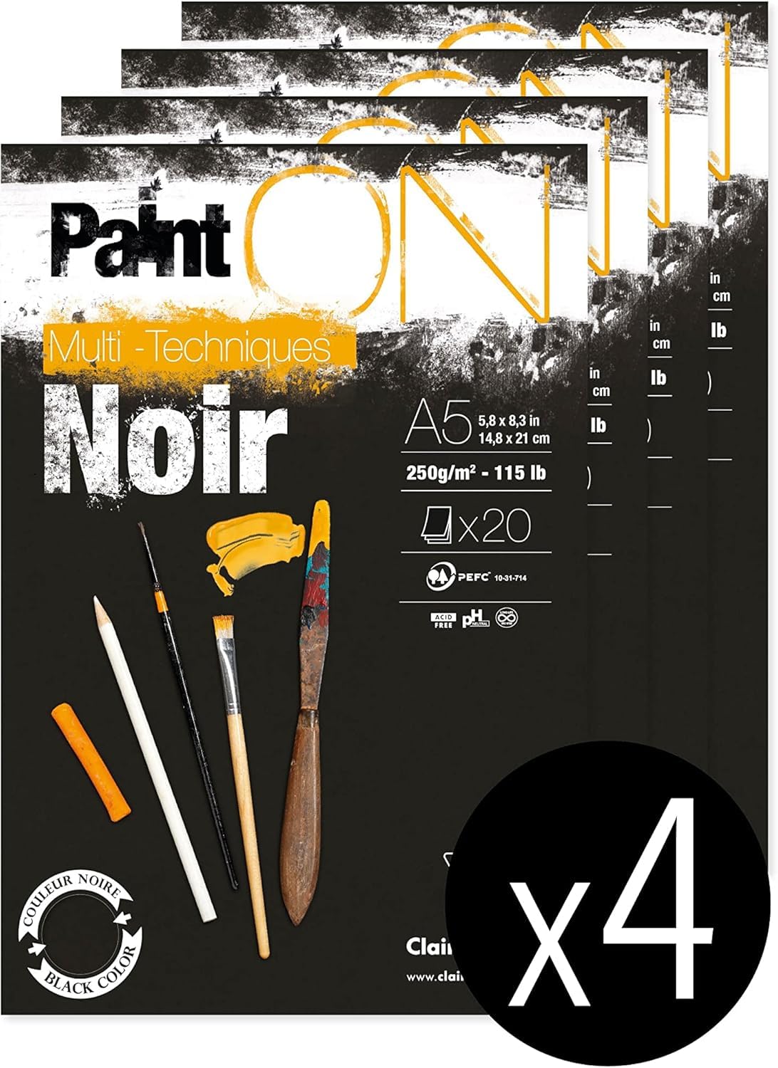 Clairefontaine 975168C - Un bloc encollé de papier dessin Paint'On 20 feuilles 14,8x21 cm 250g, Noir - Paquet de 4 blocs