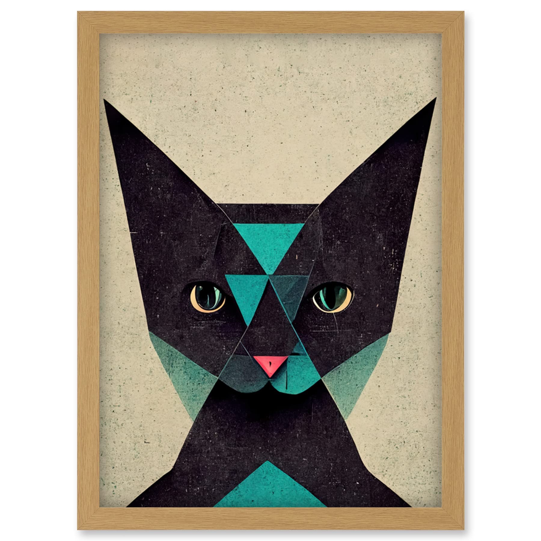 Geometric Black Cat Teal Framed Wall Art Print A4 - Quirky Artwork by Artery8