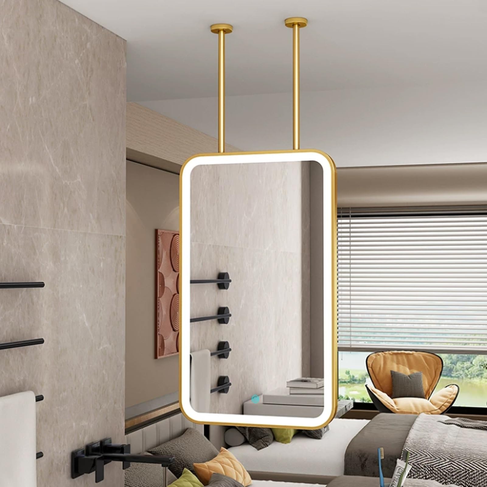 FGXHHS Rectangle Ceiling Hanging with LED Lights，Wall Mounted Makeup Vanity Mirrors，Modern Home Decor HD Mirrors Suspended Mirror，3 Colors Dimmable Light(40cmx60cm)