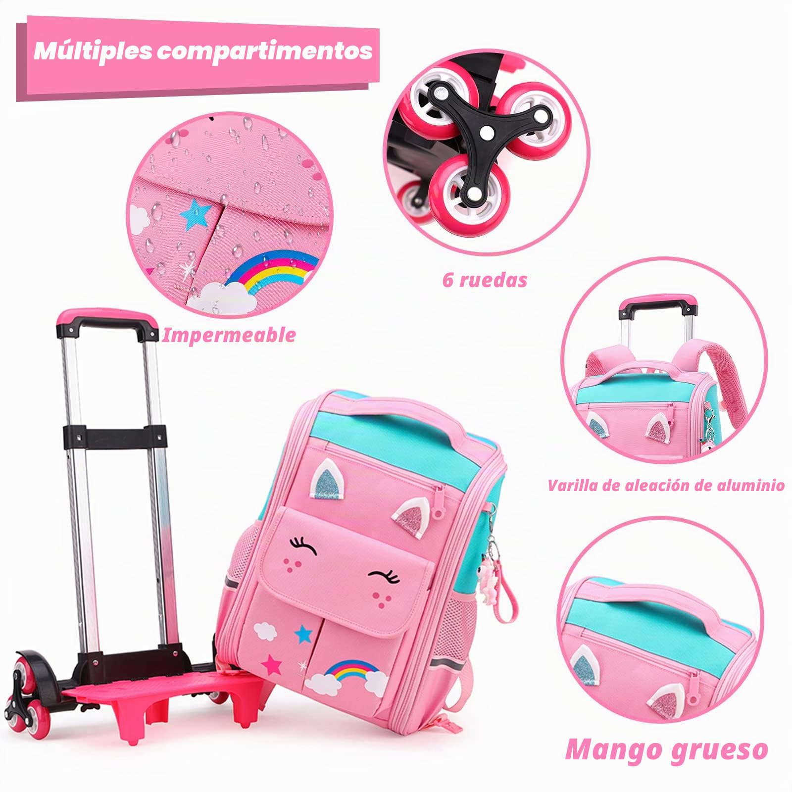 Tanou Mochila Ruedas Niña, 16 Pulgadas Mochilas Escolares con Ruedas, Desmontable Mochila con Carro Niñas para Viajes Escolar, 5-9 Años, Rosado
