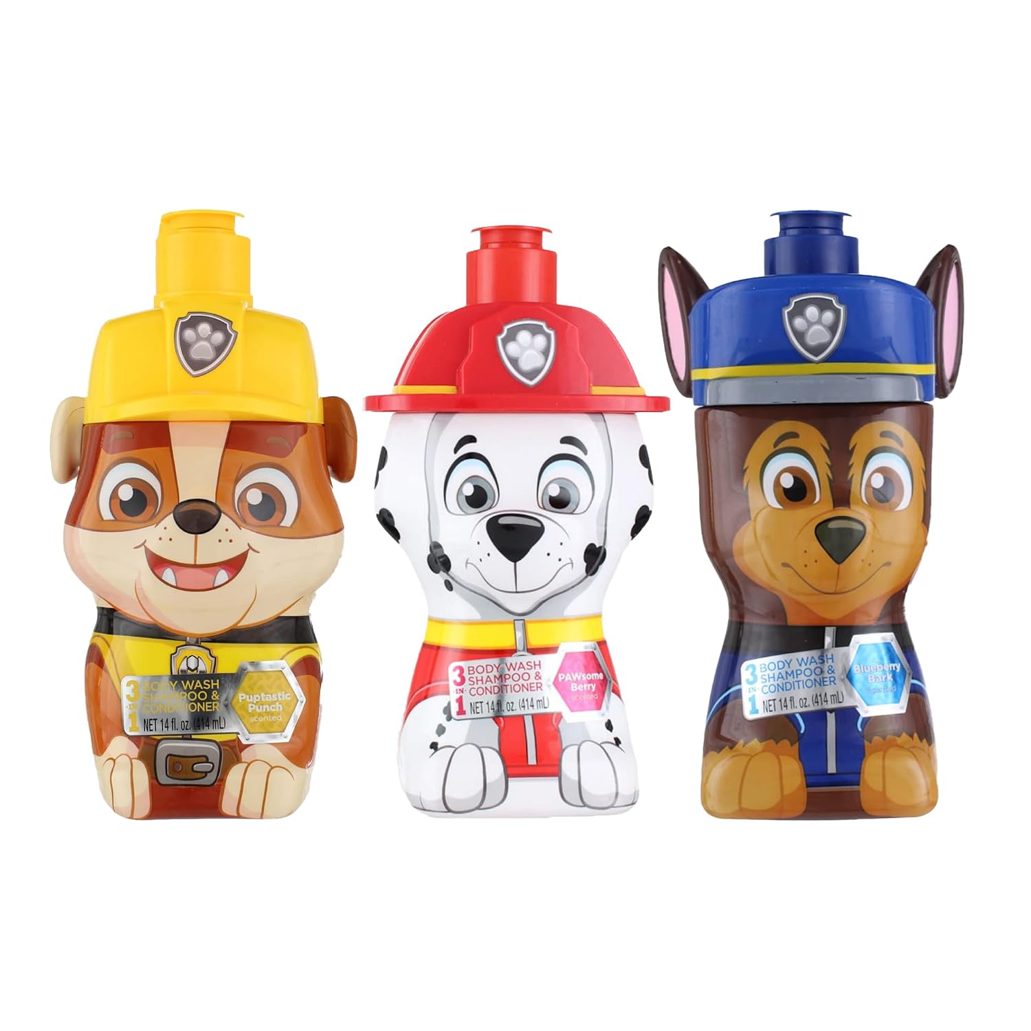 Paw Patrol 3-in-1 Fruit Scented Body Wash, Shampoo, & Conditioner | Tear Free, Paraben Free, Phthalate Free | Hypoallergenic | Set of 1 Suprise Pup - Chase, Marshall, OR Rubble | 14oz each
