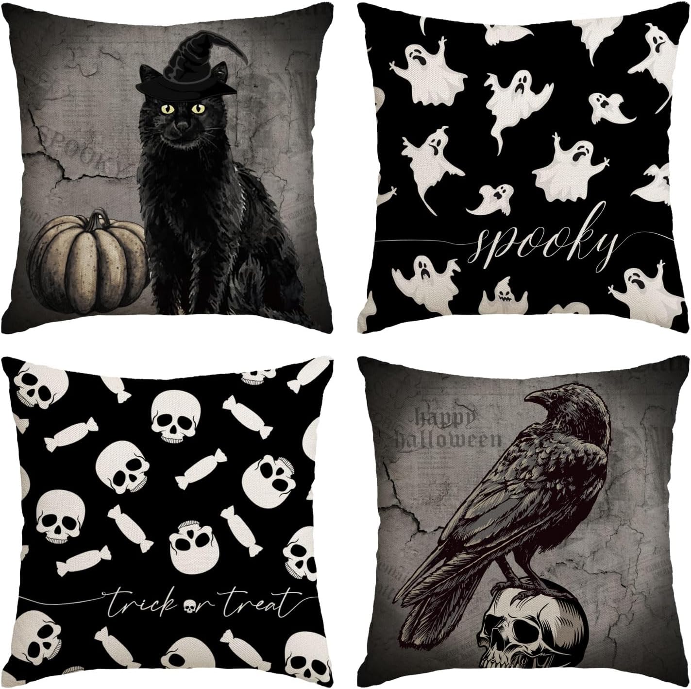 Halloween Pillow Covers 22x22 Set of 4 Pumpkin Ghost Decorative Throw Pillows Cover Black Spider Webs Pillow Cases Home Outdoor Couch Sofa Cushion Covers for Halloween Decorations (22 by 22)