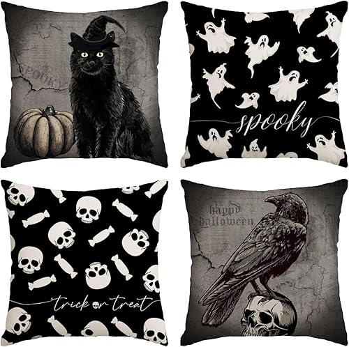 Juego de 4 fundas de almohada de Halloween de 20 x 20 pulgadas, juego de 4 fundas de almohada decorativas de truco o trato, fundas de almohada de