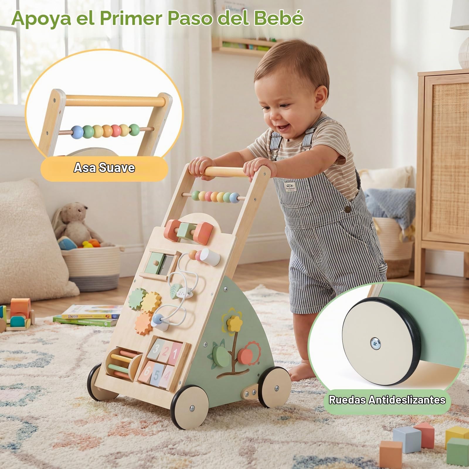 FANTASK Andador de madera para bebé a partir de 1 año, andador con tabla de actividad, ruedas y cesta de almacenamiento, centro de actividades Montessori