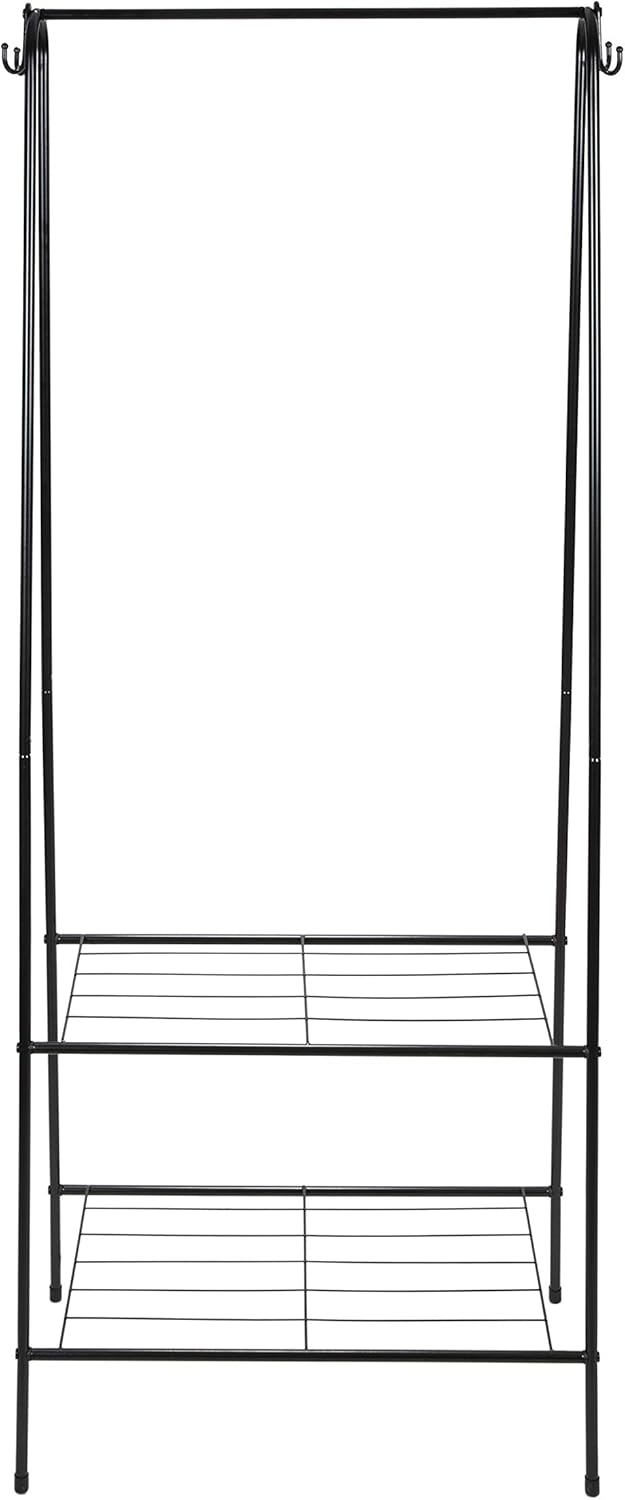 Black Metal Freestanding Clothing Rack with Shelves and Hooks