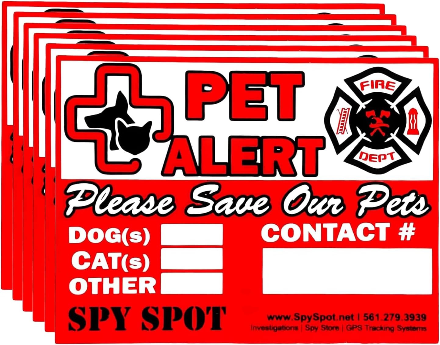 SpySpot 6 Pack Pet Alert Sticker, 4"x3" Emergency Rescue Alert Sign for Home, Window, Car, Door Fire Pet Safety Decal for Firefighters & EMTs, Weatherproof, UV Resistant, Peel & Stick