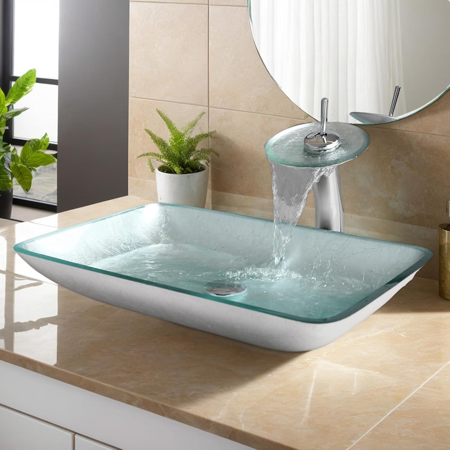 Tempered Glass Vessel Sink with Waterfall Faucet and Drain Combo 22 Inch Silver Rectangular Glass Bathroom Vessel Bathroom Sink Above Counter Silver Bowl Sink Rectangle for Bathroom