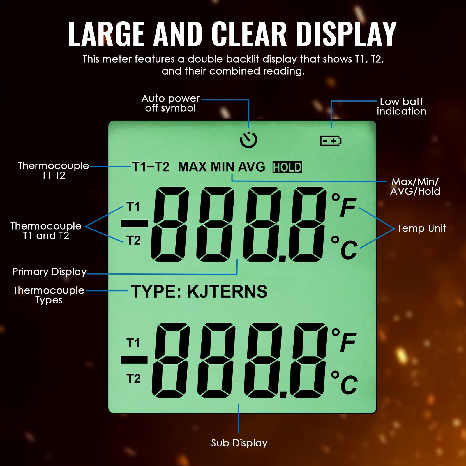 Termometro a termocoppia a doppio canale Tipo K/J/T/E/R/S/N -150~1767 °C Misuratore di temperatura digitale Retroilluminazione 2 sonde