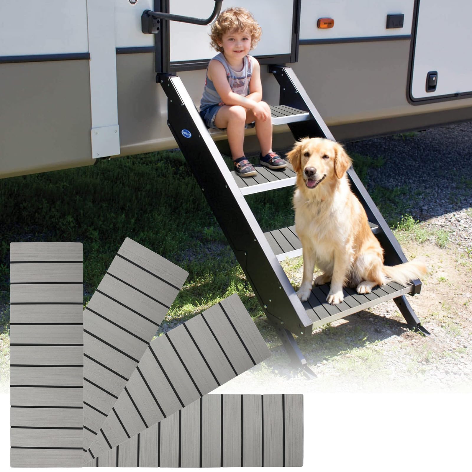 Paquete de 4 fundas para escalones de caravana, 24 x 7.5 pulgadas, almohadillas antideslizantes de espuma EVA, autoadhesivas y recortables para caravanas, remolques, color gris oscuro