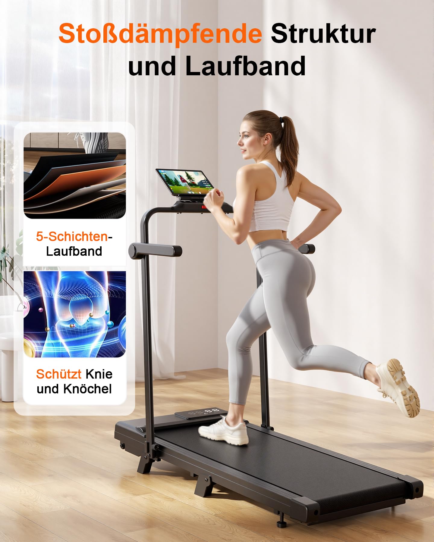 Superun Walking Pad mit Steigung 6%, Laufband mit App Erlebnis vor Ort | 12km/h, Max 136 kg mit KI-Trainer, Zusammenklappbar Leiser Betrieb Design, Stoßdämpfend, Leicht zu transportieren mit Rädern