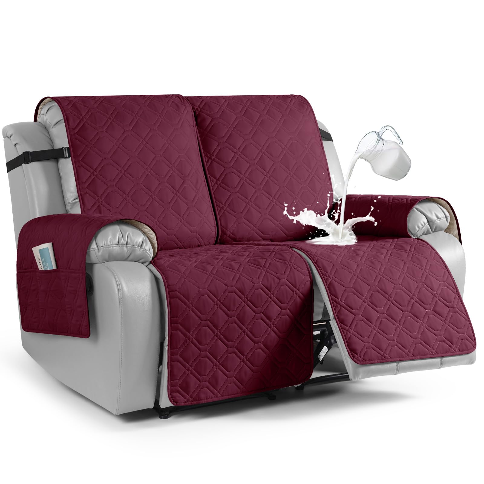 Waterproof Loveseat Recliner Cover, Sofa Covers 1-Piece Washable Reclining Sofa Cover Non-Slip Furniture Protector with Elastic Straps Pocket for Dogs, Pets(Burgundy,2 Seater)
