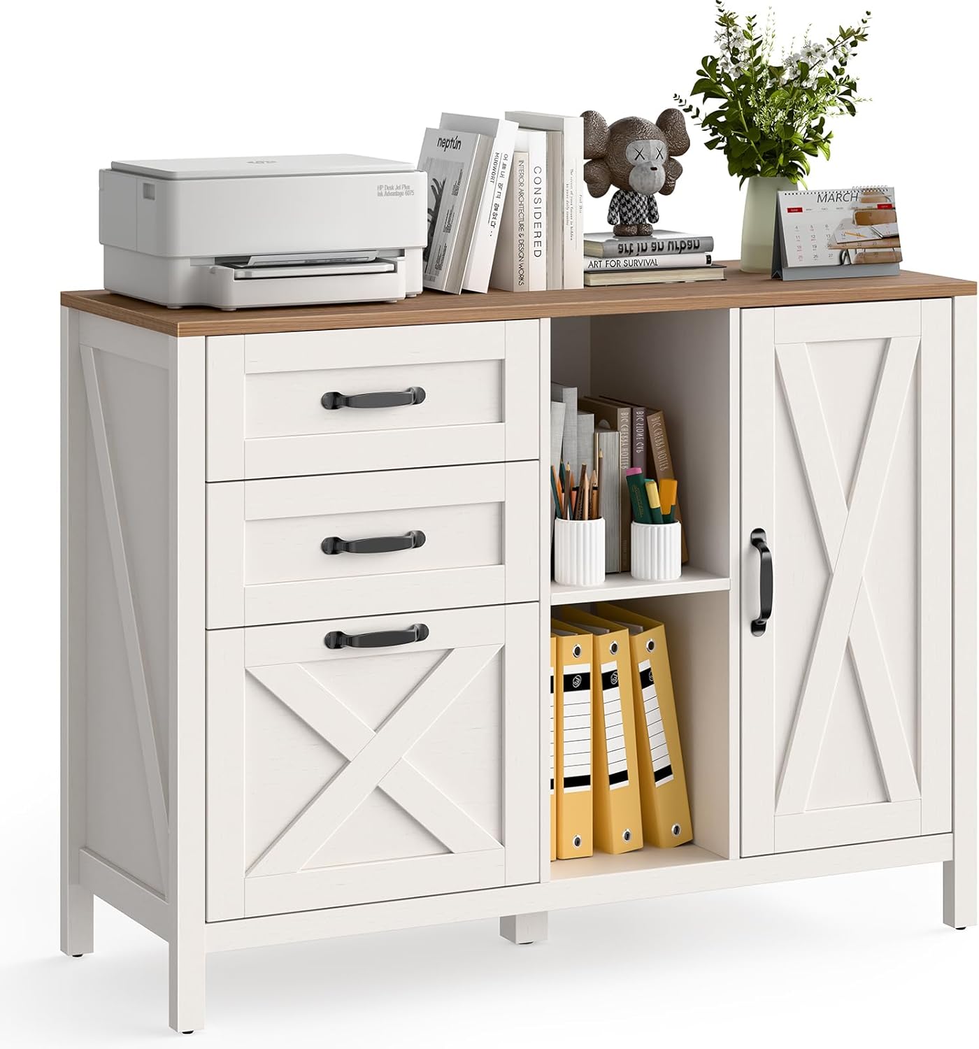 Lateral File Cabinet with 3 Drawers and Door, Farmhouse File Cabinet with Adjustable Shelf for Letter/A4 Size Hanging Files, Printer Stand with Storage Cabinet for Home Office Furniture, White