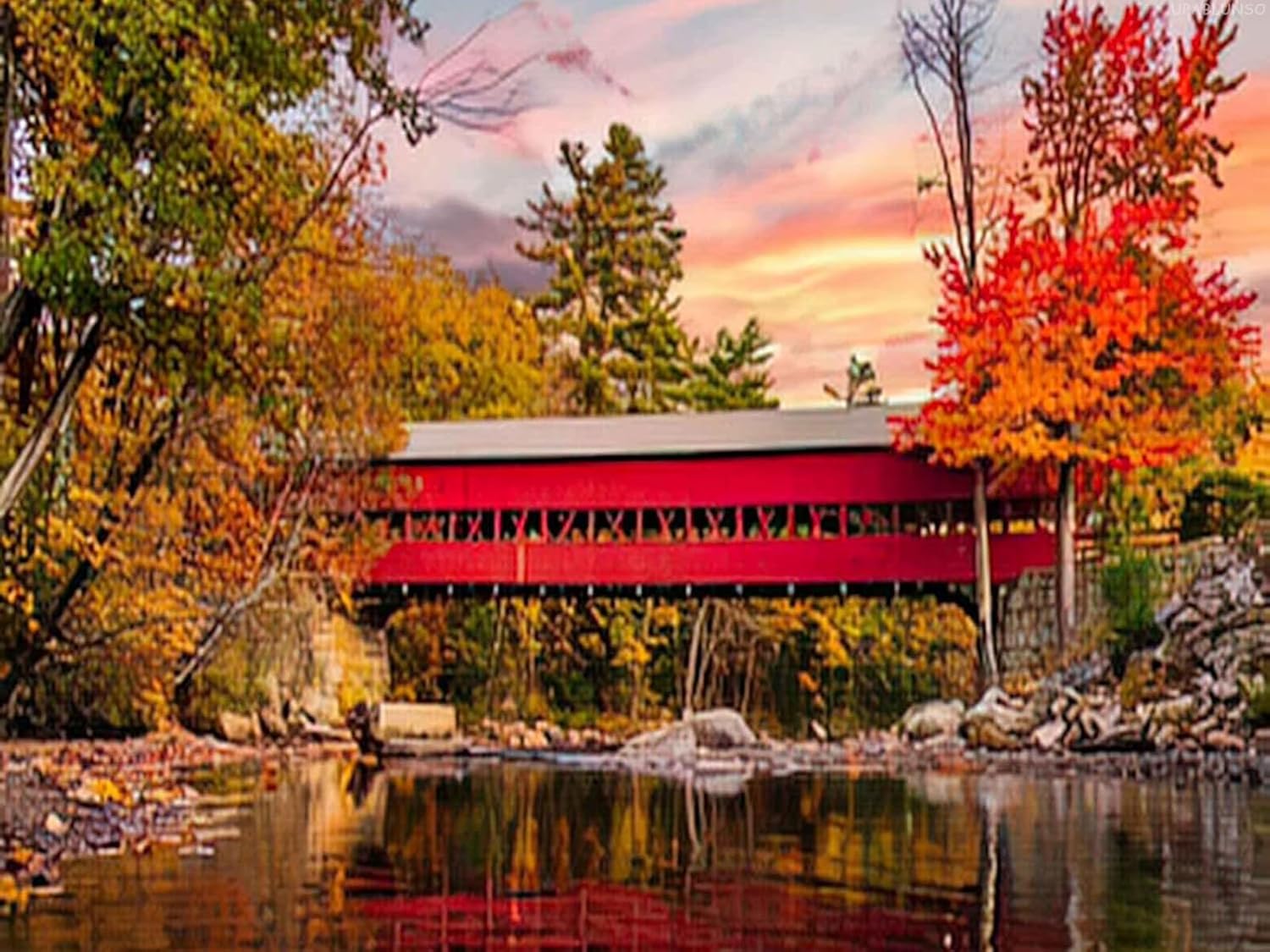 UPABLUNSO Diamond Painting Landscape Beautiful Red Covered Bridge in Trip Vacation View Warm Water for Adult Painting Kits Diamond Art Perfect for Home Wall Decor 12x16inch