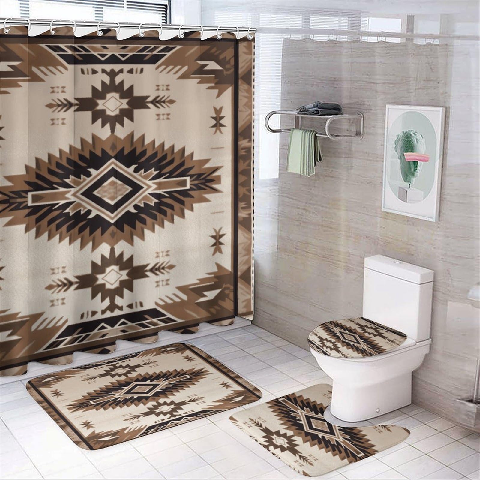 Rideau de douche avec tapis de bain et housse de toilette pour décoration wc