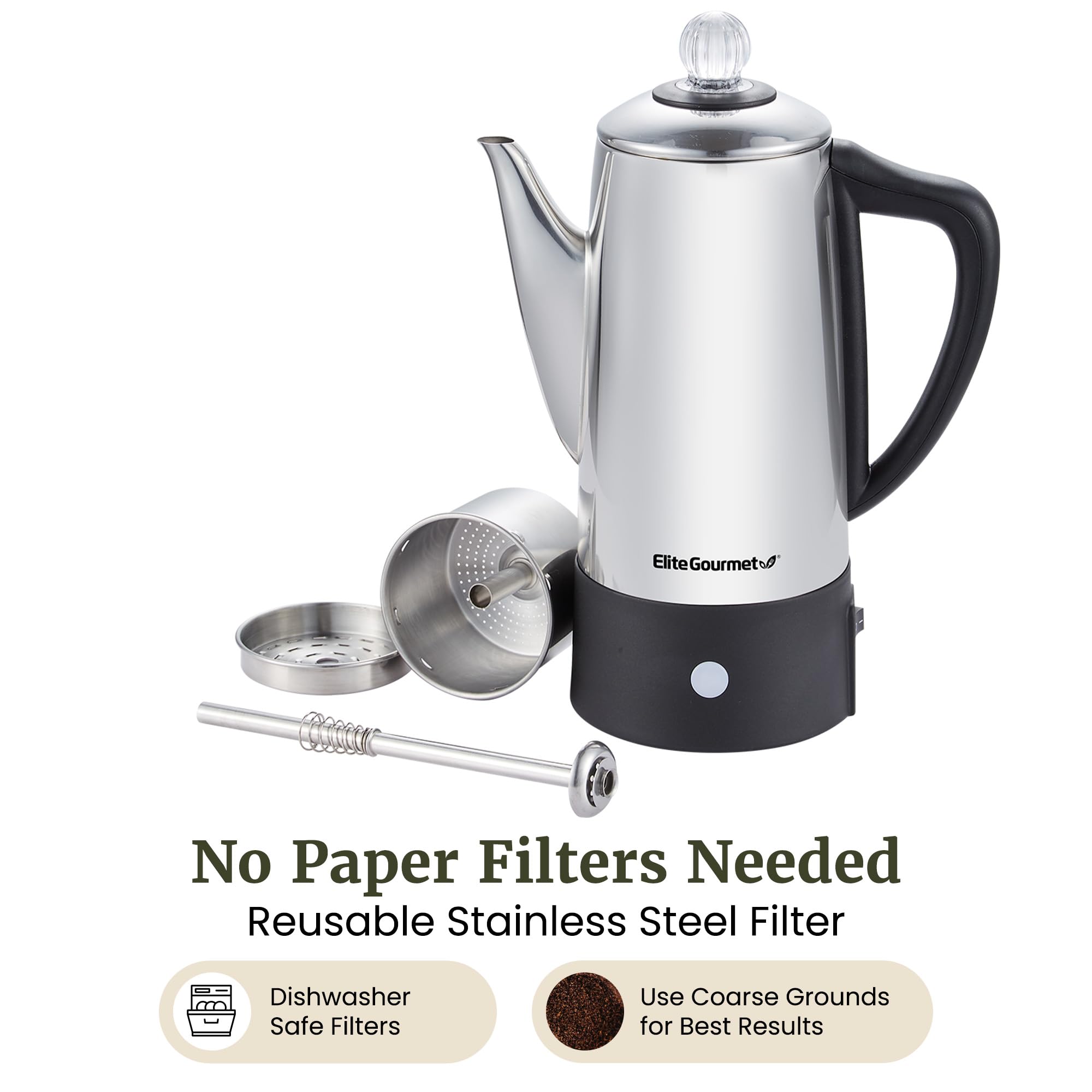 Elite Gourmet EC140 - Percolatore elettrico per caffè da 6 tazze con manopola per mantenere il caldo, manopola di avanzamento della birra trasparente, maniglia Cool-Touch, servizio senza cavo, in