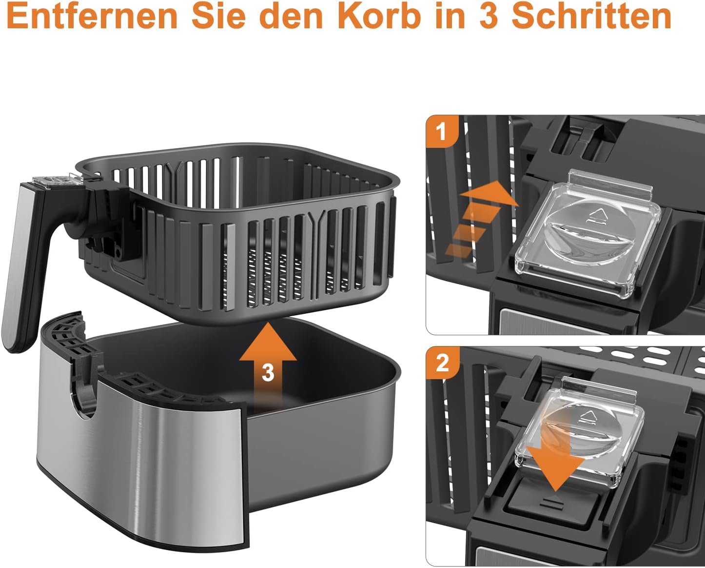 Three-step visual guide on how to remove the inner basket from the outer basket of the air fryer