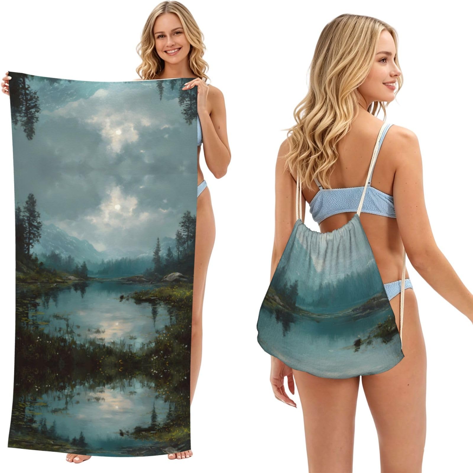ESNAIUVCD Tranquil Lake Print Beach Towel For Adults,Towel With Drawstring Bag, Travel Pool Swimming Sports Shower Sand Free Quick Dry Bath Towel For Pool, Beach, Yoga- 180x60cm