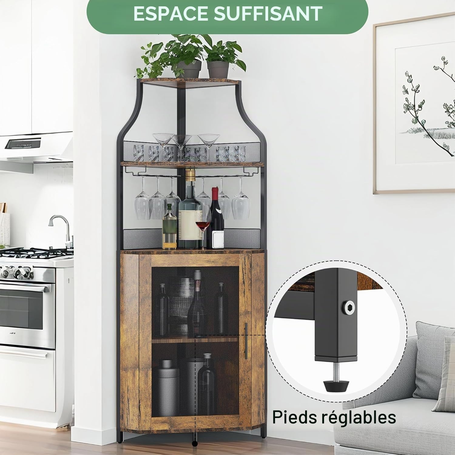 Armoire à vin d'angle avec Table de Travail, Armoire à vin en Bois avec 5 étagères et 2 Supports en Verre et Porte en Maille pour Cuisine, Salon, Salle à Manger (152 x 90 x 32 cm, Naturel)