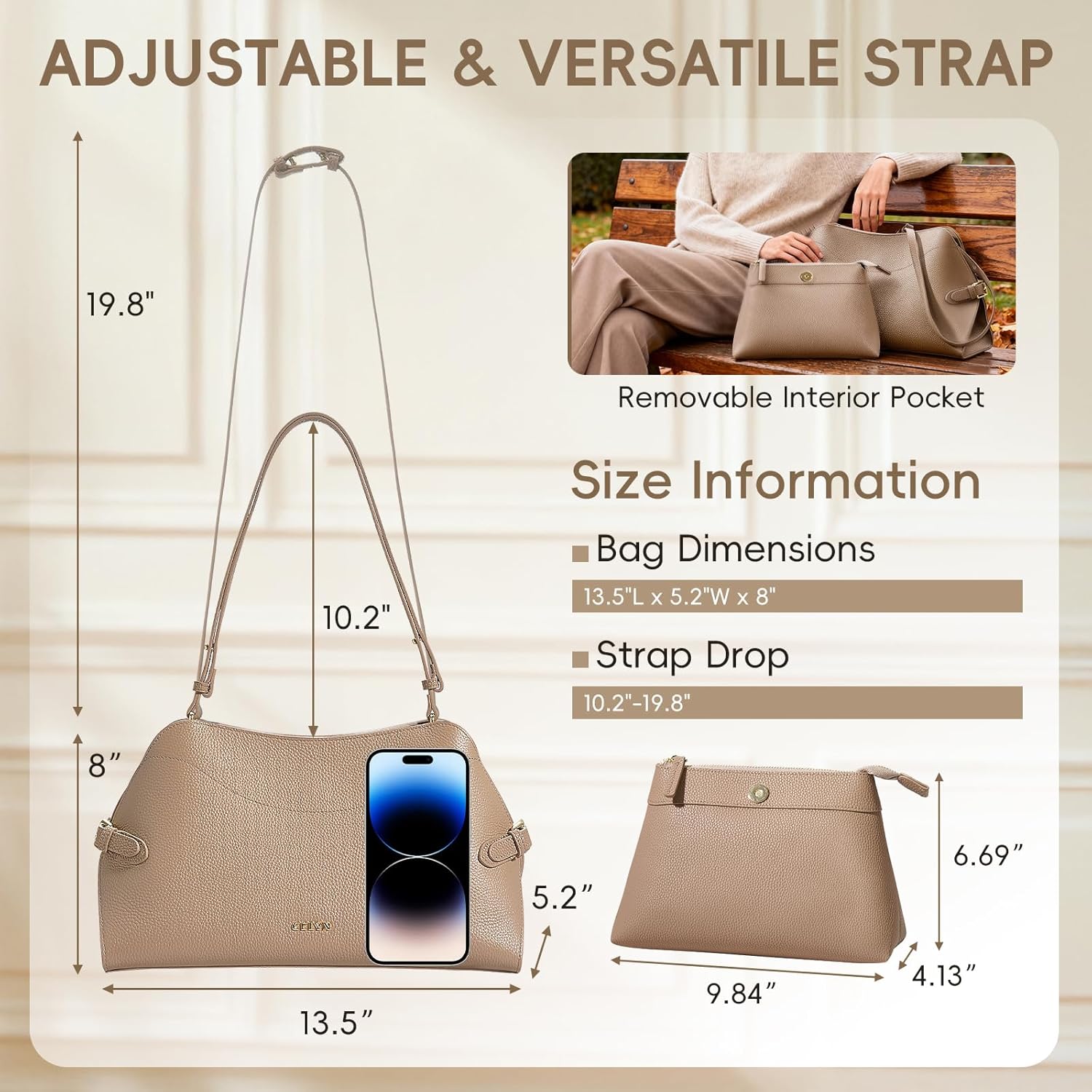 Genuine Leather Shoulder Bag for Women, Vintage Pebbled Structured Hobo Bag, Convertible Shoulder & Crossbody Bag - Image 5