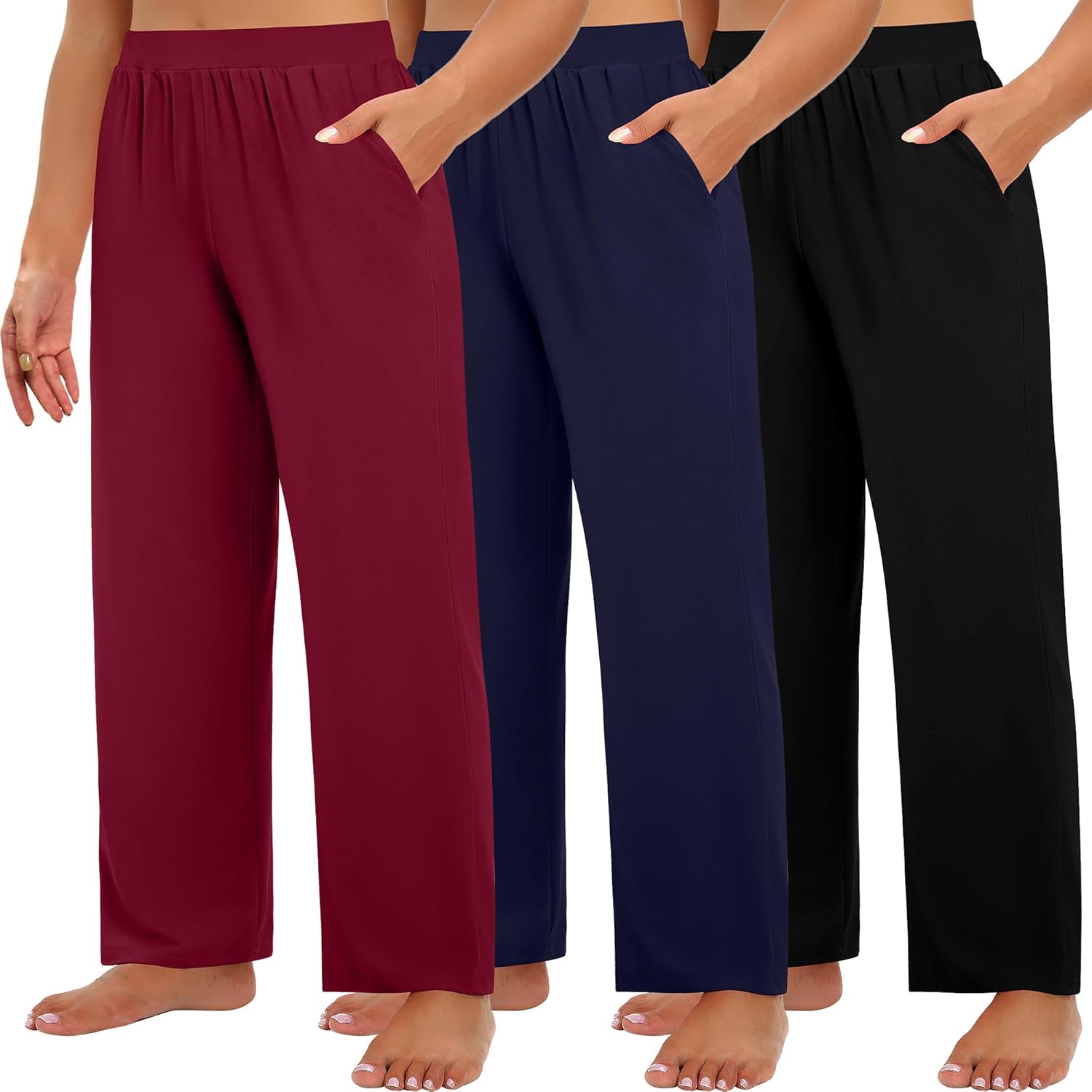 Huukeay 3 Pack Women's Plus Size Pants, High Waisted Wide Leg Pants Casual Pajamas Pants Loose Yoga Sweatpants with Pockets