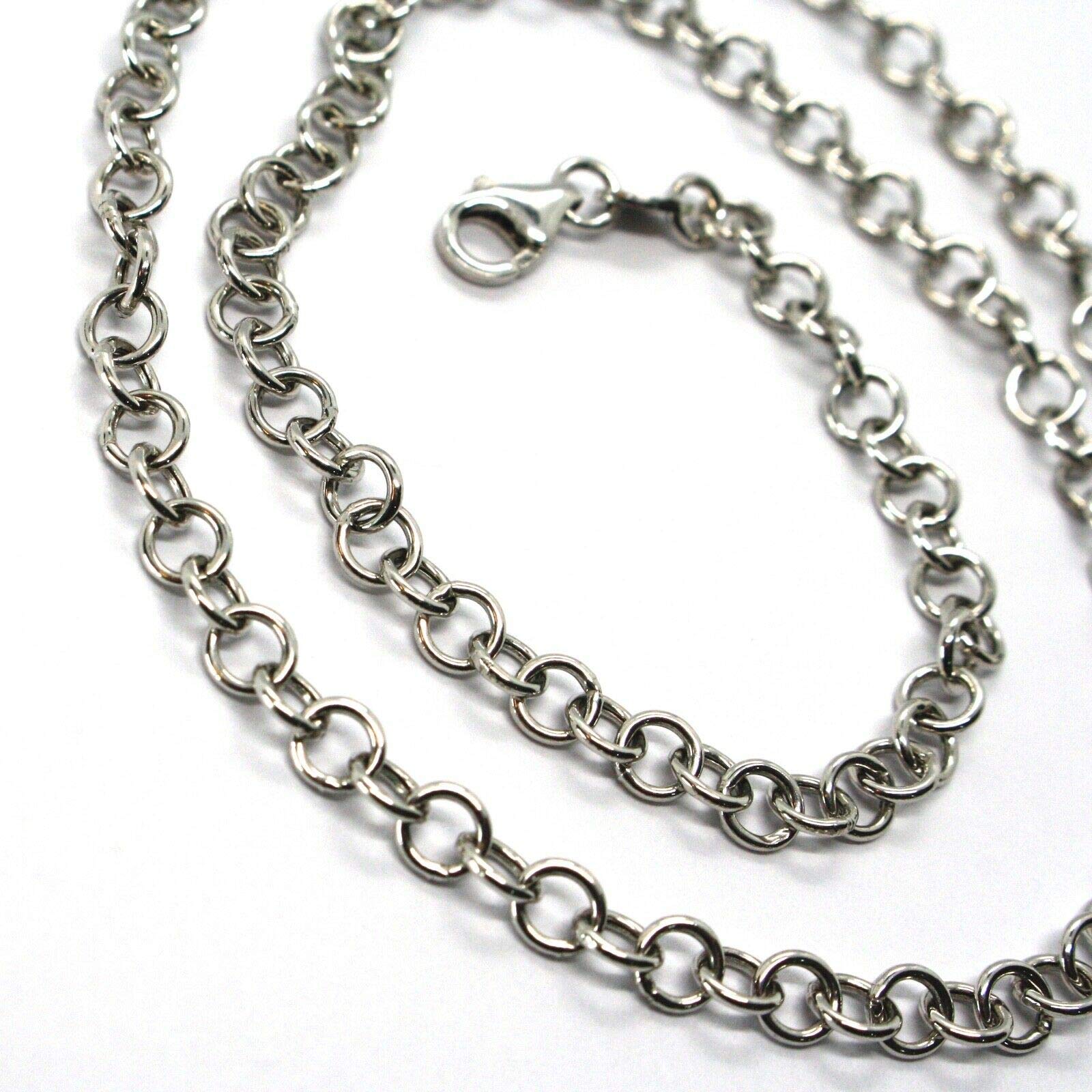Chaîne en or blanc 18 carats 750, maille rolo à maillons fins diamètre 4 mm, longueur 60 cm, fabriqué en Italie