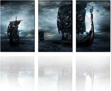 Tucocoo Contemporary Wall Art Pirate Ship Pictures Three Pirate Ships Sailing at Sea Paintings Multi Panel Canvas Modern Artwork Gloomy Sky Home Decor for Living Room Wooden Framed Posters and Prints