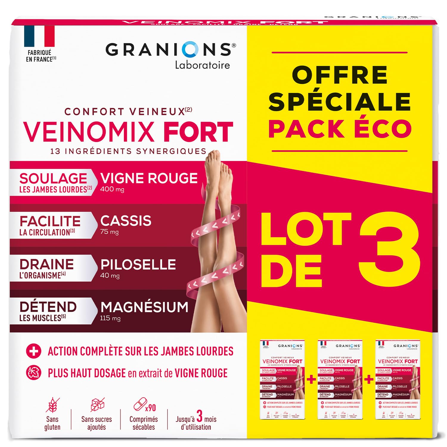 GRANIONS – VEINOMIX FORT – Circulation Sanguine Jambes & Retention D'eau Drainant Puissant – Vigne Rouge Circulation + Cassis + Piloselle + Magnésium – Jambes Lourdes – 90Comprimés – Cure 3Mois