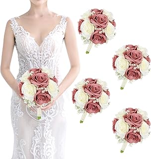 Bridesmaids Bouquets Flowers Set of 4 -Artificial Bridesmaid Bouquet Wedding 7 Inch Rustic Small Floral Centerpiece for Marriage Proposal Party Anniversary Dining Table Decor - Dusty Rose Pink