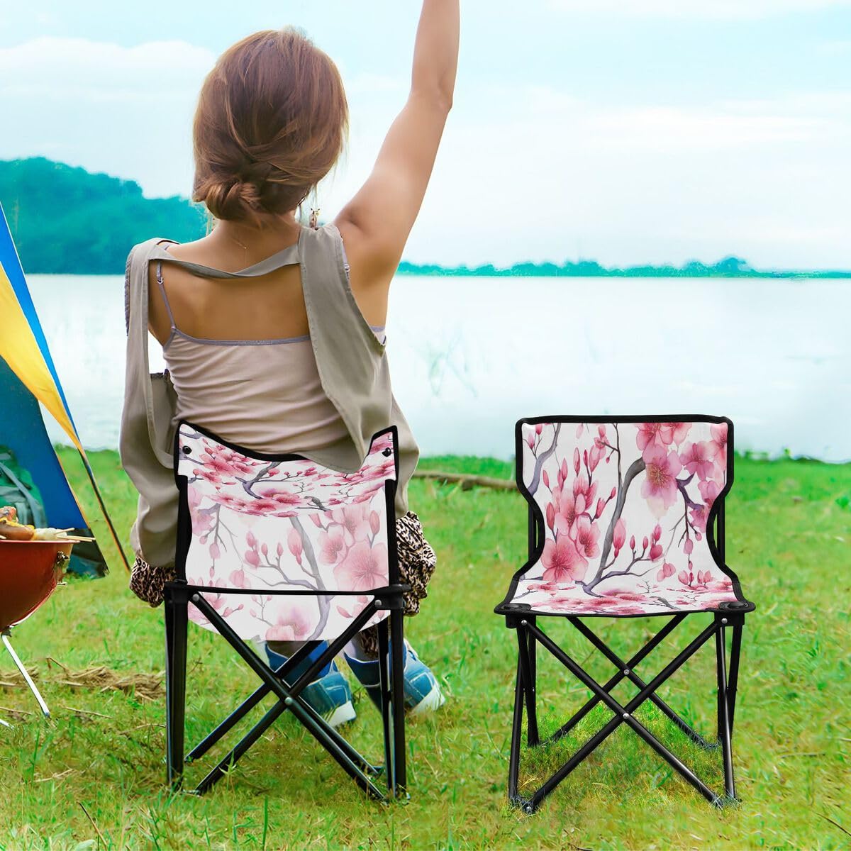 Sedia da campeggio pieghevole con fiori di ciliegio rosa per adulti e bambini, sedia pieghevole leggera adatta per esterni. Sedie per spiaggia, prato, campeggio, pesca e giardino