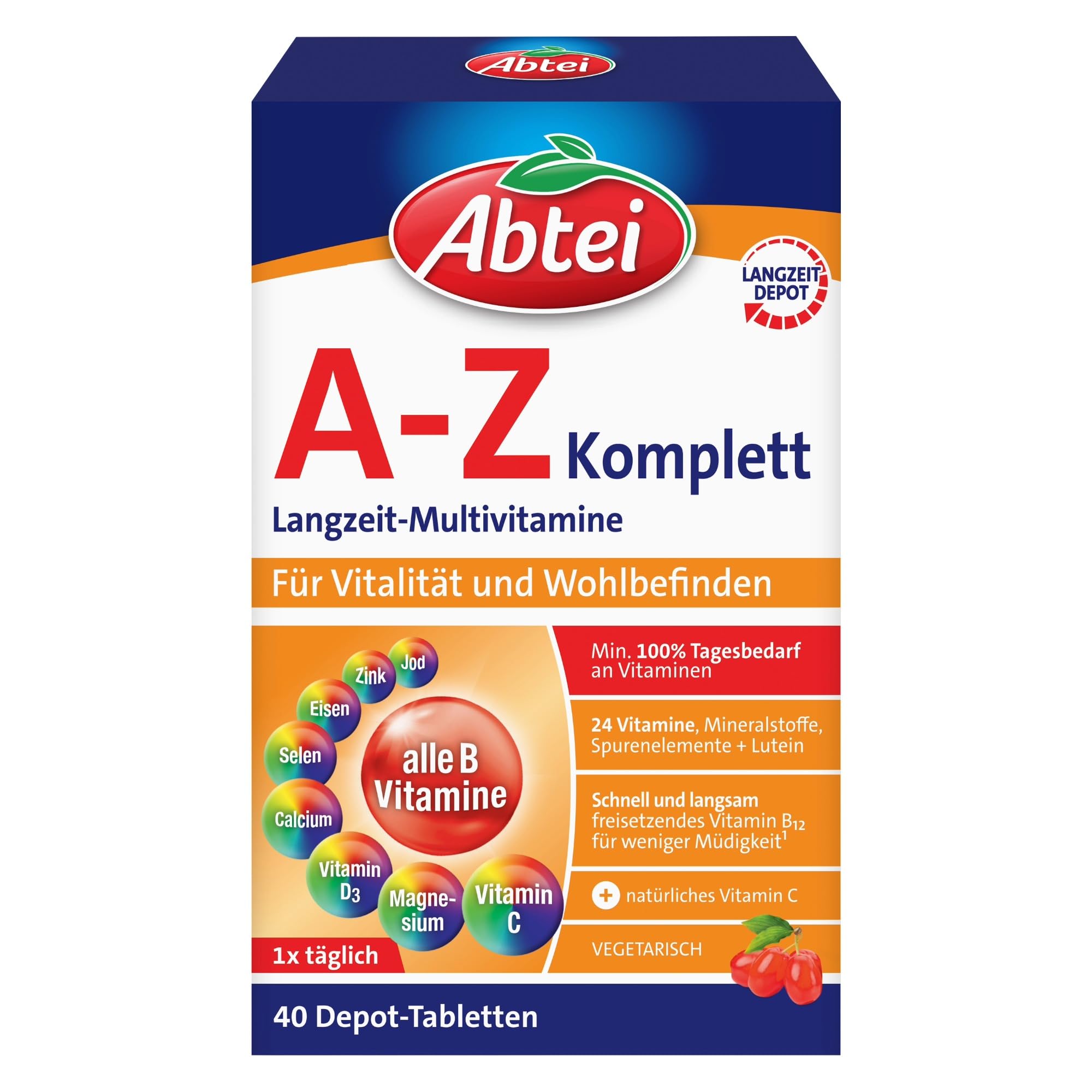 Abtei A-Z Complete Long-Term Multivitamins - with Natural Vitamin C - Dietary Supplement for Vitality and Wellbeing - Laboratory Tested, High Dose and Vegetarian - 1 x 40 Tablets
