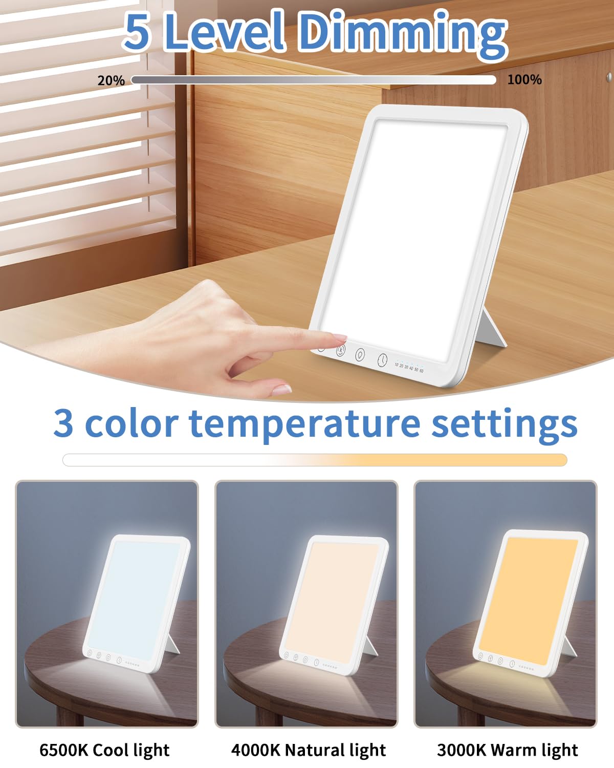 Tageslichtlampe 10000 LUX,Lichttherapielampe, LED Daylight Lampe mit 3 Farbtemperaturen, 10 Helligkeitsstufen und 6 Timer,UV-freie LED lampe Tageslicht mit Touch-Steuerung, Memoryfunktion für Zuhause/