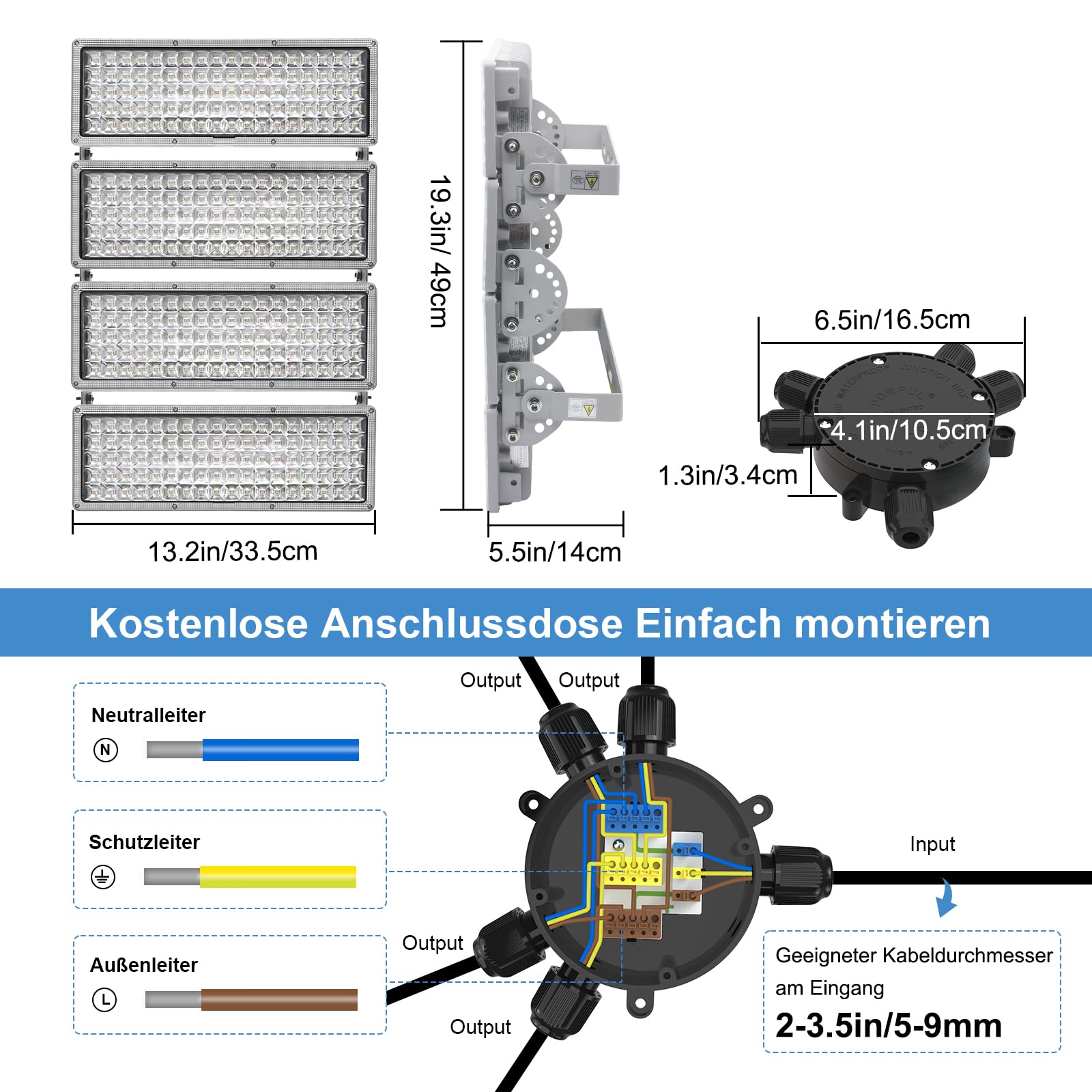 Reflektor zewnętrzny LED 400 W, 56 000 lm, reflektor zewnętrzny, 3000 K, ciepła biel, super jasny, IP67, wodoodporny, zewnętrzny reflektor z puszką rozgałęźną, oświetlenie na podwórko, parking
