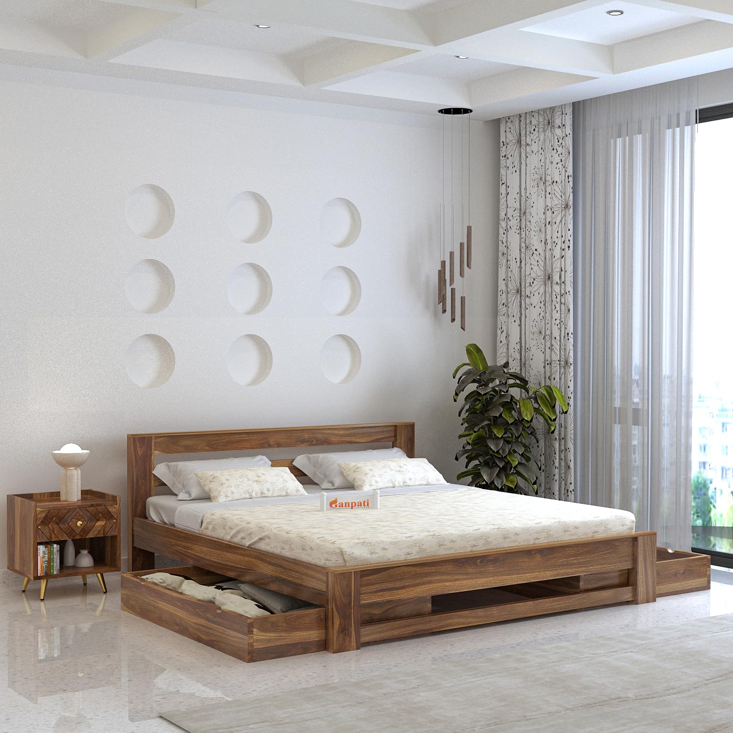 Ganpati Arts Solid Sheesham Wood Foster Queen Size Bed with Drawer Storage for Bedroom | Wooden Double Bed Cot Palang Furniture for Living Room Home and Hotel (Teak Finish)