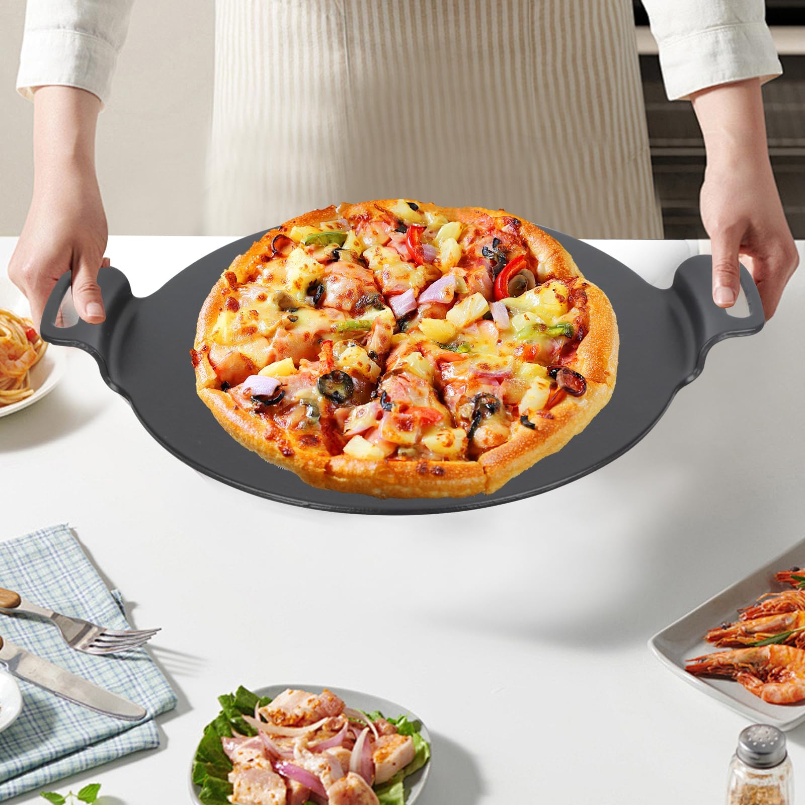 WELL GRILL Pizzastein mit Halter für Backofen, Gasgrills und Holzkohle, Gusseisen Grillplatte BBQ Pfanne Pizza Stein für Crepe, Tortilla, Pizzapfanne (Ø38 cm)