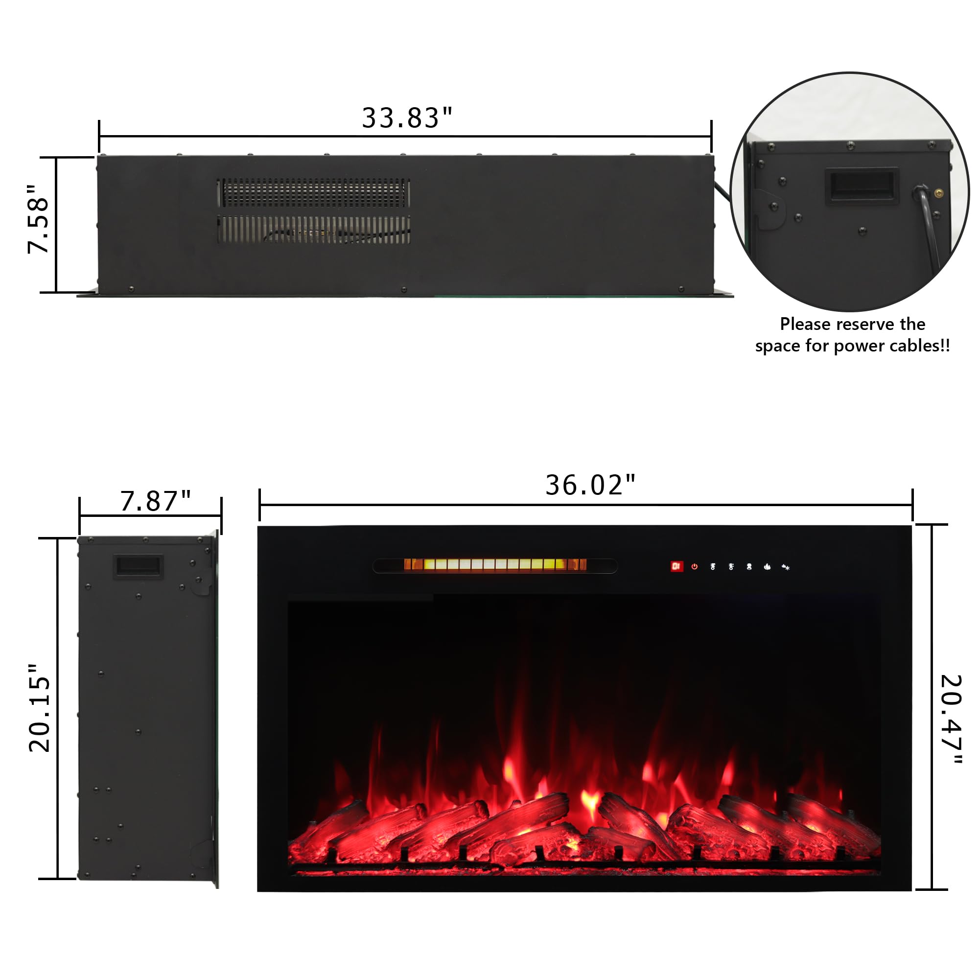Oxhark Flame 36 in Wall Mounted & Recessed Electric Fireplace Inserts, Electric Fireplace Heater with Remote Control, 6 Levels Brightness, 9H Timer, Black, 1500W/750W