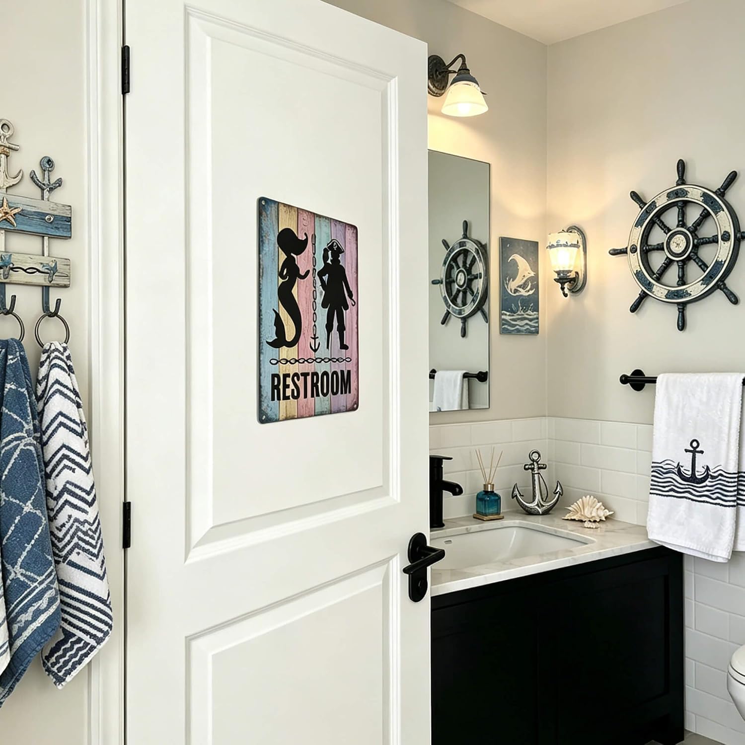 HYBLOM Nautical Restroom Sign Pirate Mermaid Bathroom Decor 12x8 Inch image 2