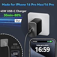 Vista 4 de Cargador para teléfono 17 16 Pro Max de carga rápida, bloque de carga USB C súper rápido de 45 W con cable de carga de 6.6 pies para 17 16 Pro