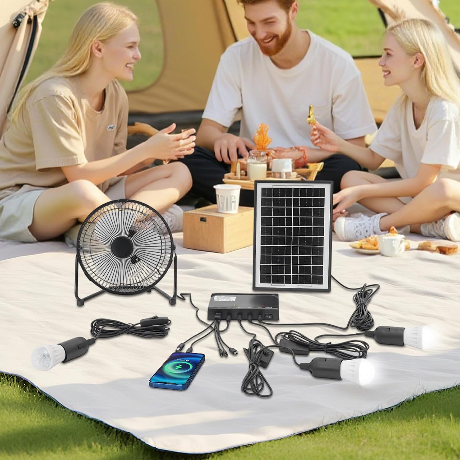 Solar Power Camping Fan with Lights, Solar Power Panel Light Solar fan System Kit, 4000mAh Rechargeable Portable Fan for Home Lighting, Outdoor Camping