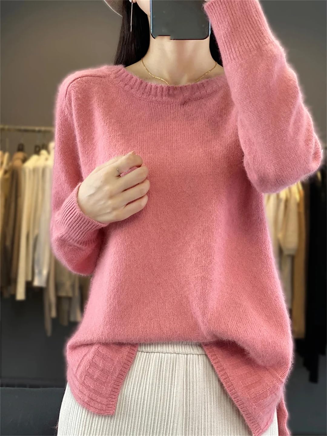 Fnfmrfmr Damski sweter oversize z okrągłym dekoltem jednolity kolor długie rękawy miękki ciepły sweter topy