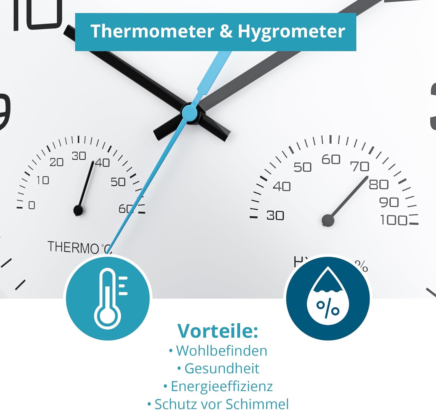 Mebus Analogue Quartz Wall Clock with Thermometer and Hygrometer, Gray, 30 cm Diameter