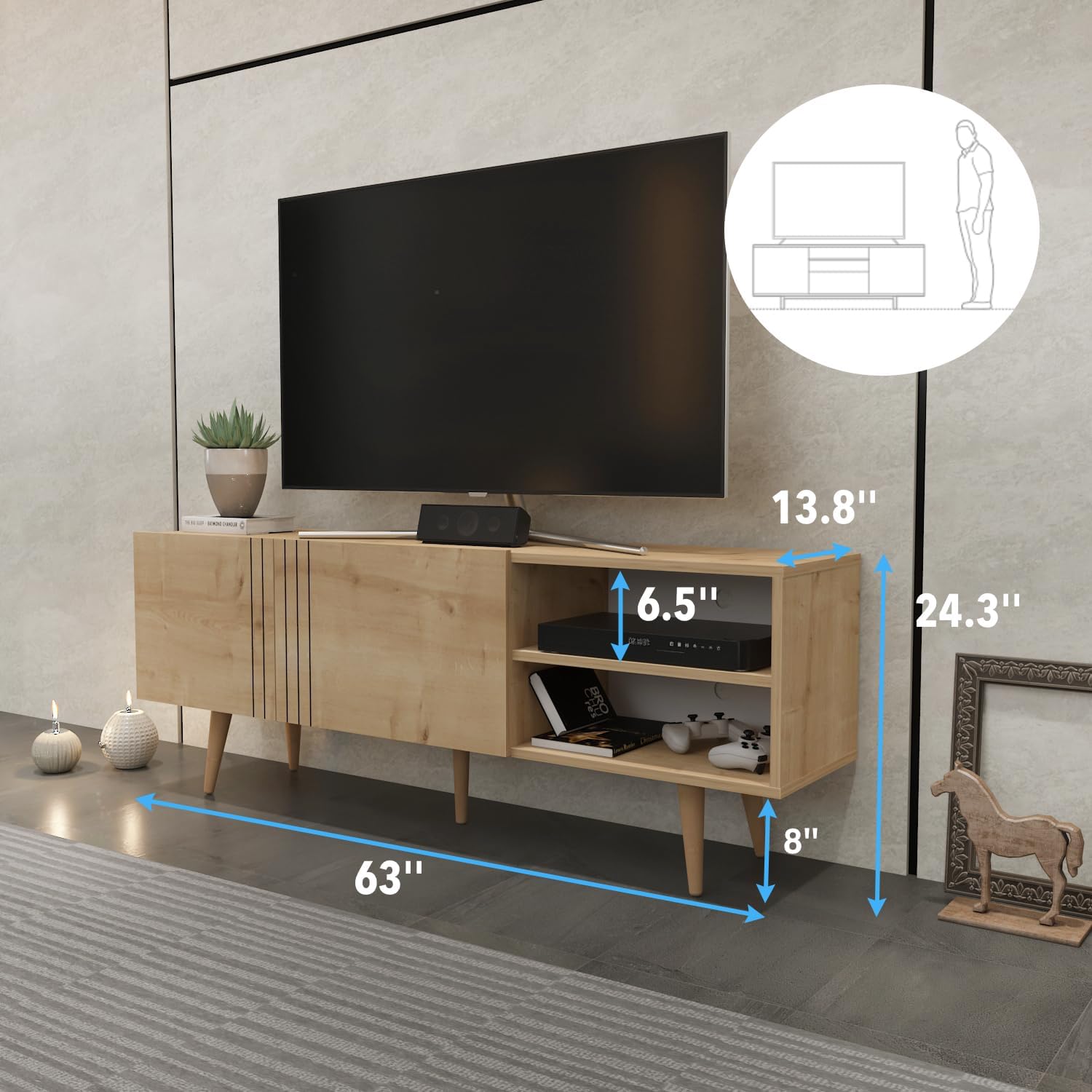 Decorotika Ronas 63 inch Mid-Centruy Modern TV Stand Entertainment Center Console Table with Solid Wood Legs (Oak)