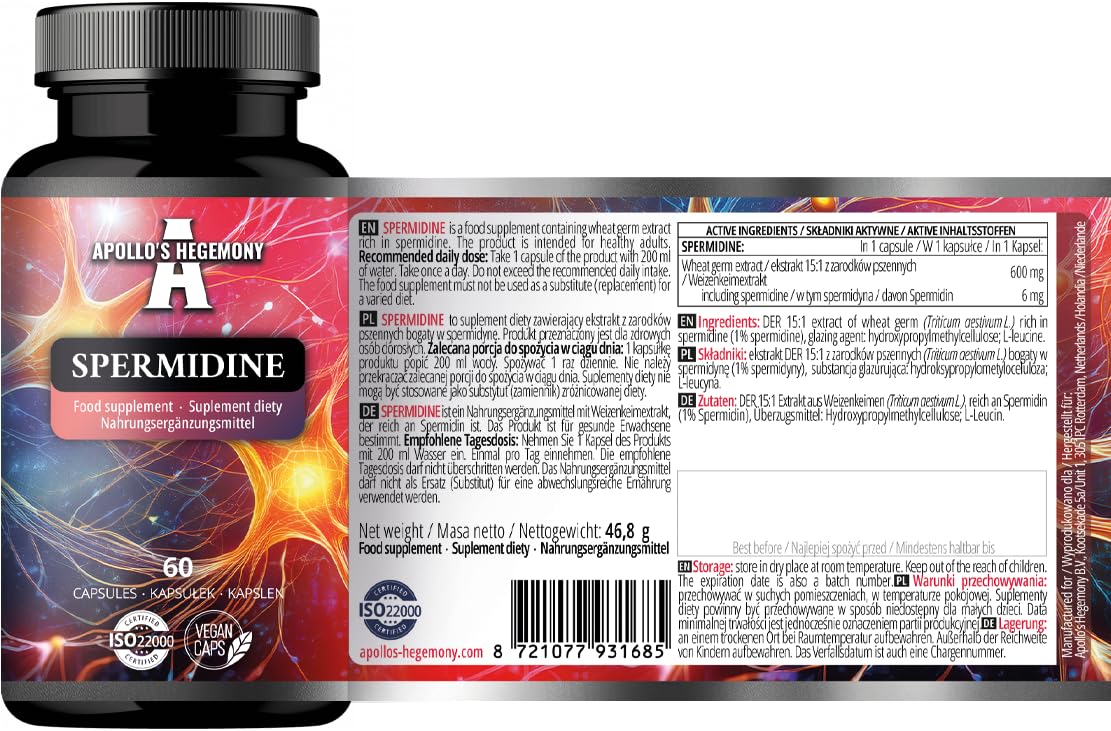 Spermidina 6 mg – 60 cápsulas | Suministro para 60 días – Apoyo a la vitalidad y bienestar diario – APOLLO'S HEGEMONY