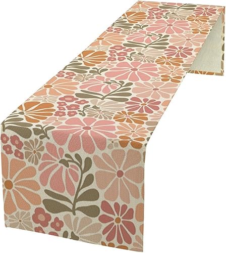 Miniatura 39 de Camino de mesa floral de margaritas, flores amarillas retro de los años 70, ondas abstractas, estilo hippie, moderno, camino de mesa para cocina,