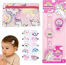 ANNA CREATIONS 12 Pcs Unicorn Gift Set for Girls – Unicorn Printed Zip Pouch, Glowing Unicorn Wrist Watch, 10 Cute Unicorn & Rainbow Hair Clips, Perfect Birthday Return Gift Combo