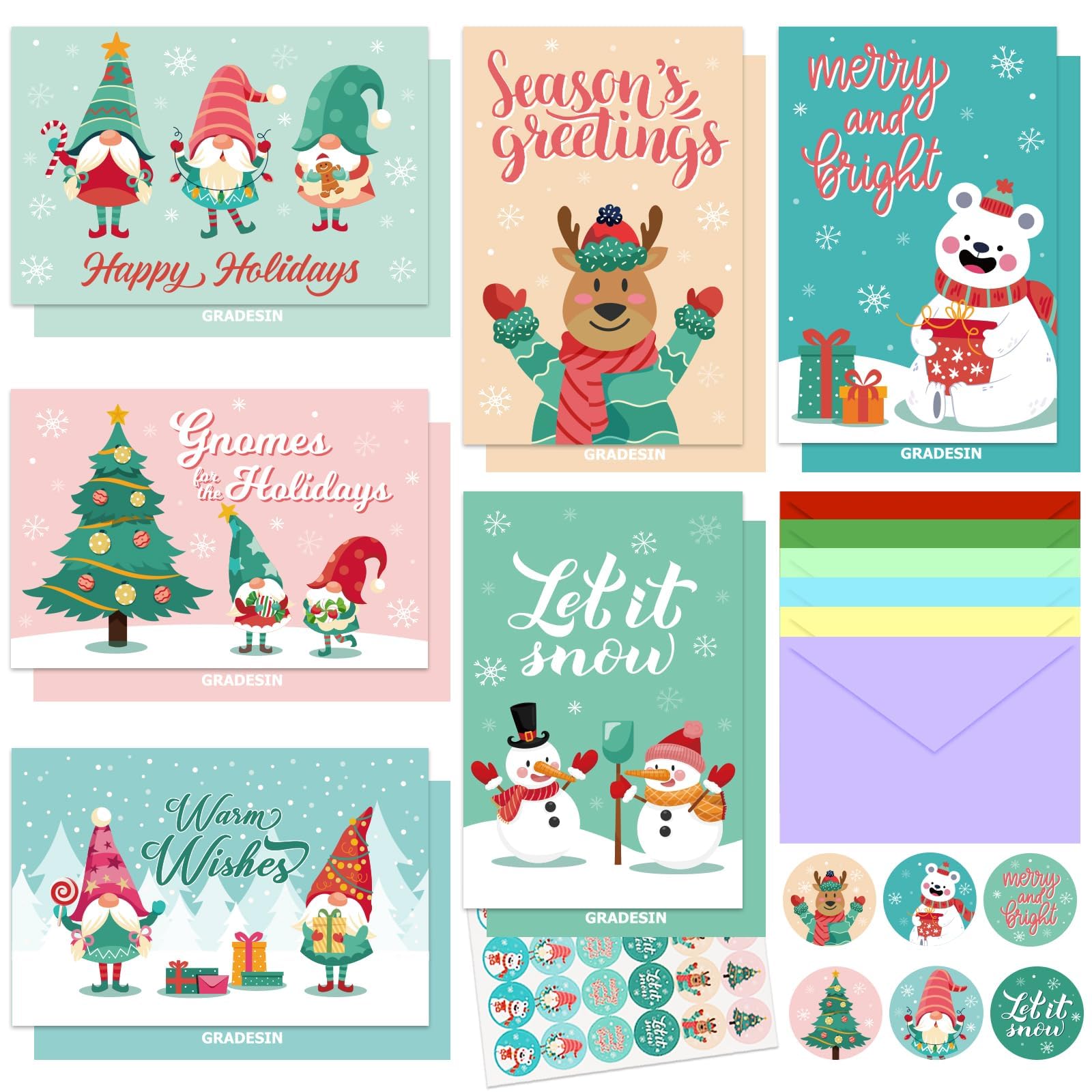 GRADESIN 24 tarjetas de amor de Navidad e invierno, enanos y tema de invierno, tarjetas de Navidad de papel pesado Gork con calcomanías redondas para Navidad, Año Nuevo, fiestas para enviarse saludos