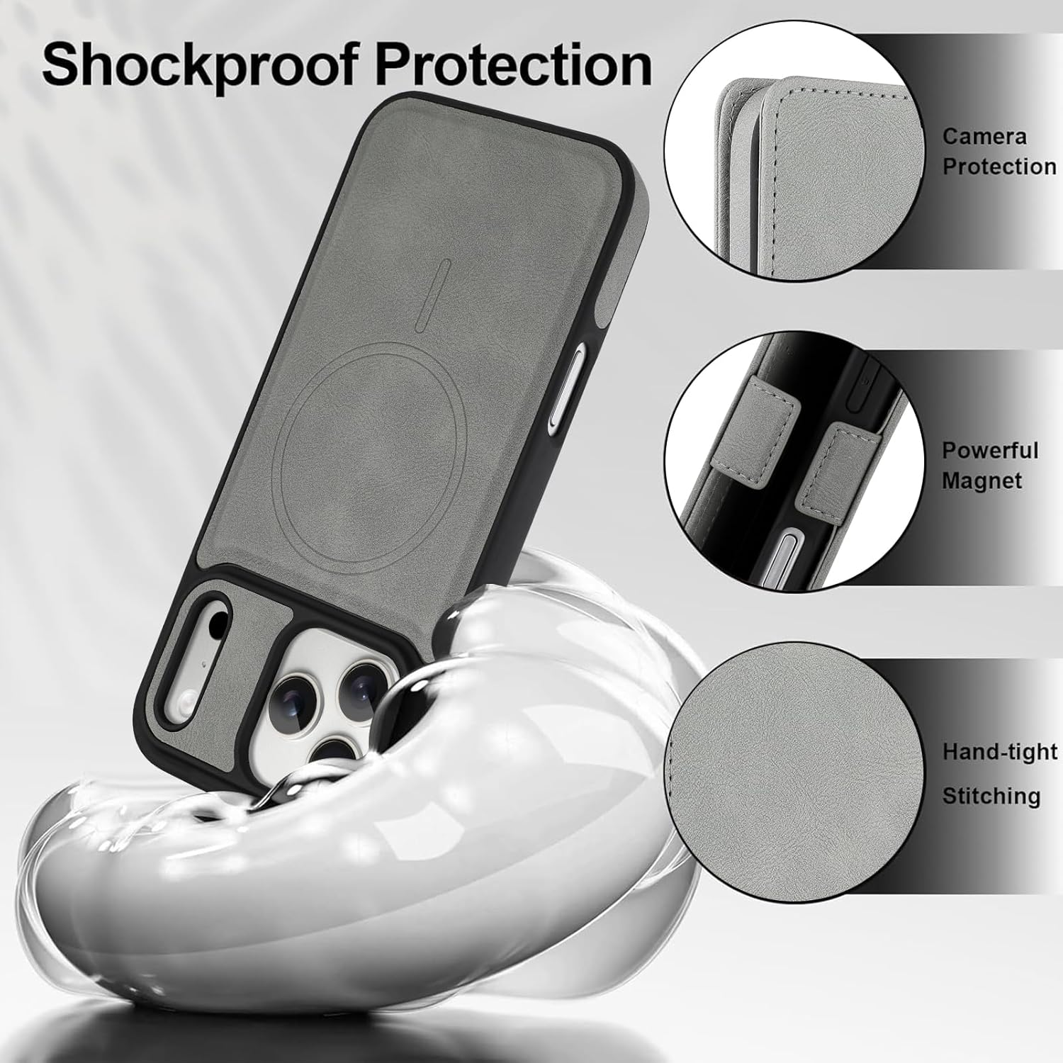 Magnetic Wallet Phone Case Compatible with iPhone 17 Pro Max, Card Slots PU Leather. Grey